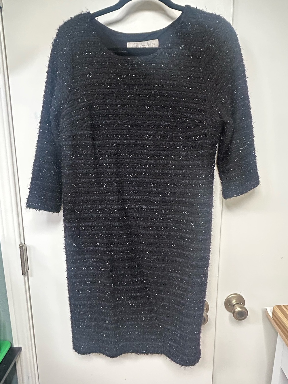 Lesley Evers Black ribbed textured midi dress metallic sparkle L